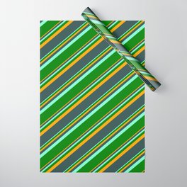 [ Thumbnail: Orange, Dark Slate Gray, Aquamarine, and Green Colored Stripes Pattern Wrapping Paper ]
