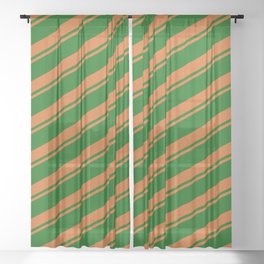 [ Thumbnail: Chocolate & Dark Green Colored Striped Pattern Sheer Curtain ]