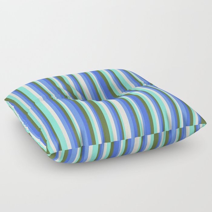 Eyecatching Dark Olive Green, Royal Blue, Cornflower Blue, Beige, Aquamarine Colored Stripes Pattern Floor Pillow