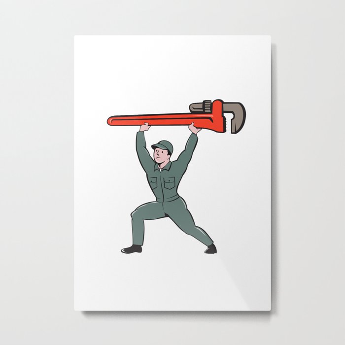 Plumber Lifting Monkey Wrench Cartoon Metal Print
