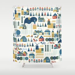 Seamless pattern with scandinavian village in pastel colors. Hygge cozy house inspired by scandinavian folk art. Pattern with colorful buildings on light background. Illustration with nordic village.  Shower Curtain