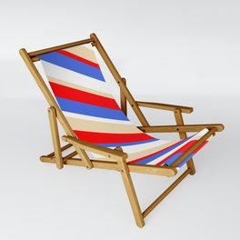 [ Thumbnail: Red, Royal Blue, White & Tan Colored Lined Pattern Sling Chair ]