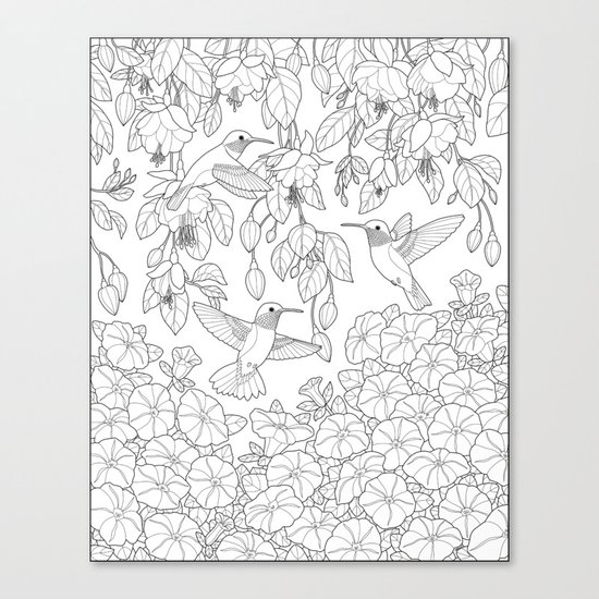 Hummingbirds and Flowers Coloring Page Canvas Print