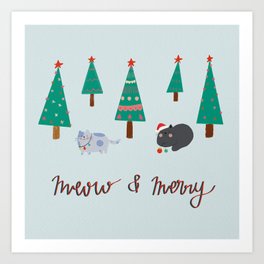 Meow & Merry Art Print | Kitty, Christmascard, Festive, Seasonal, Catlover, Santa, Pastel, Christmas, Pet, Snow 