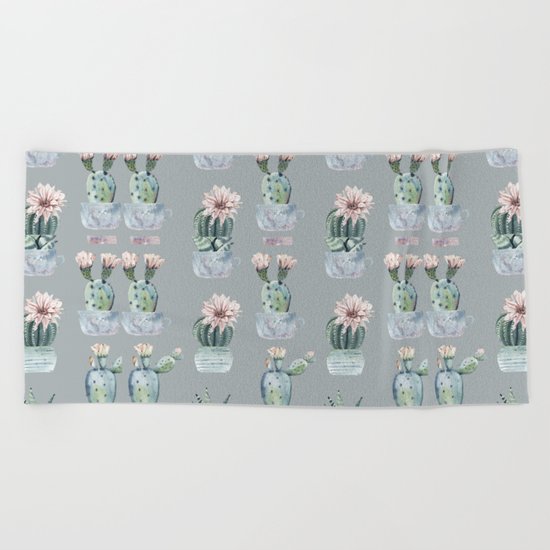 Potted Cactus Plants Gray Beach Towel