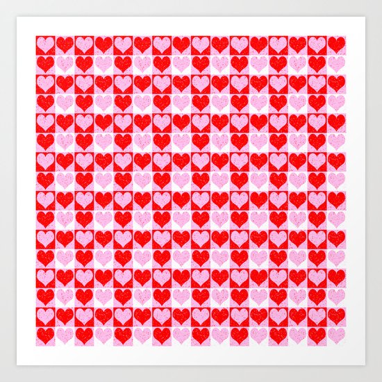 Love Heart Red Pink and White Check Pattern Art Print