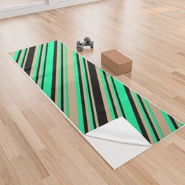 [ Thumbnail: Green, Tan, and Black Colored Striped/Lined Pattern Yoga Towel ]