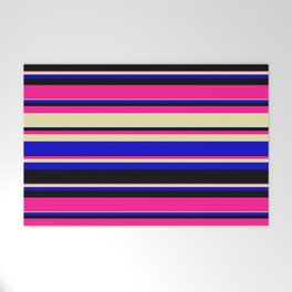 [ Thumbnail: Deep Pink, Pale Goldenrod, Blue, and Black Colored Striped/Lined Pattern Welcome Mat ]