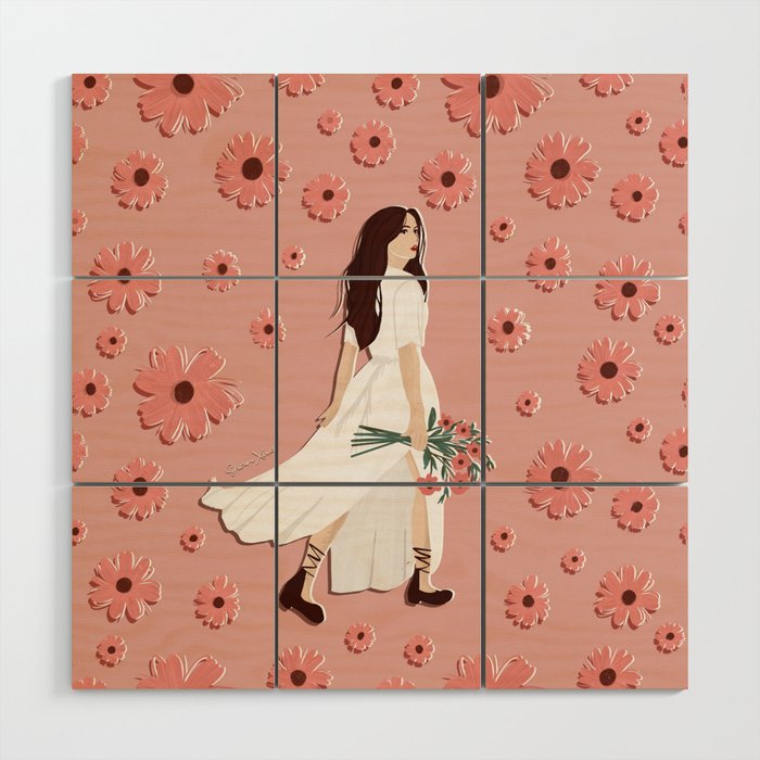 white dress girl in Pink daisies background Wood Wall Art