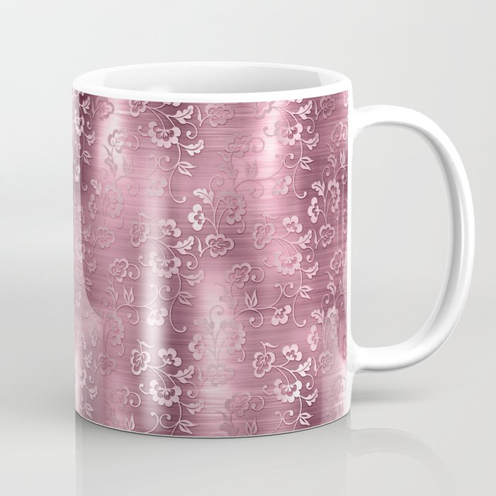 Pink Floral Brushed Metal Texture Coffee Mug