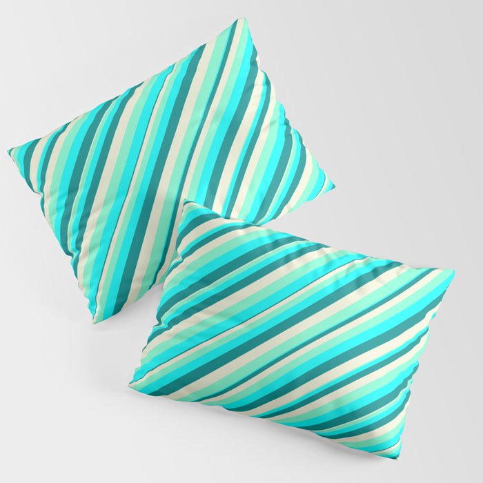 Aquamarine, Cyan, Dark Cyan, and Beige Colored Lined/Striped Pattern Pillow Sham