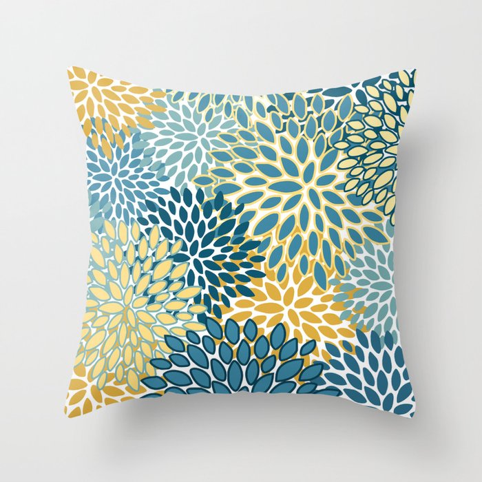 Modern Floral Prints, Teal and Yellow Throw Pillow