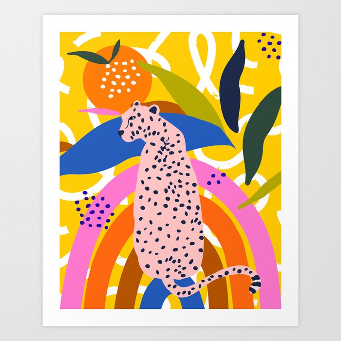 Leopard Somewhere Over The Rainbow, Maximalist Abstract Wildlife Jungle Botanical, Pop of Color Eclectic Animals Illustration  Art Print