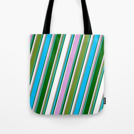 [ Thumbnail: Eye-catching Plum, Green, Deep Sky Blue, Dark Green, and White Colored Lined/Striped Pattern Tote Bag ]