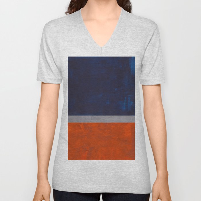 Minimalist Mid Century Rothko Color Field Navy Blue Dark Orange Grey Accent Square Color Block V Neck T Shirt
