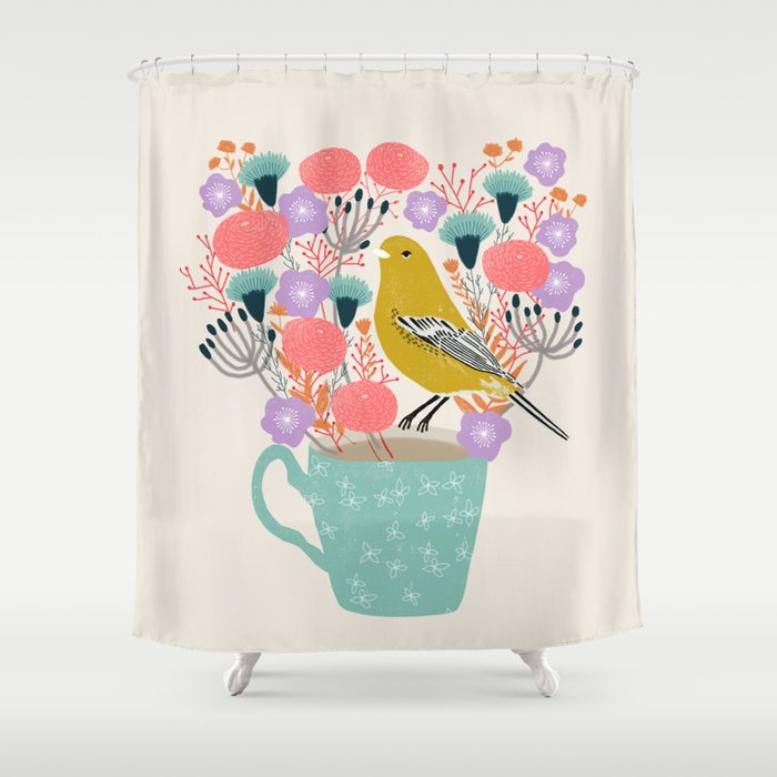 Bird and Flowers - Warbler by Andrea Lauren Shower Curtain