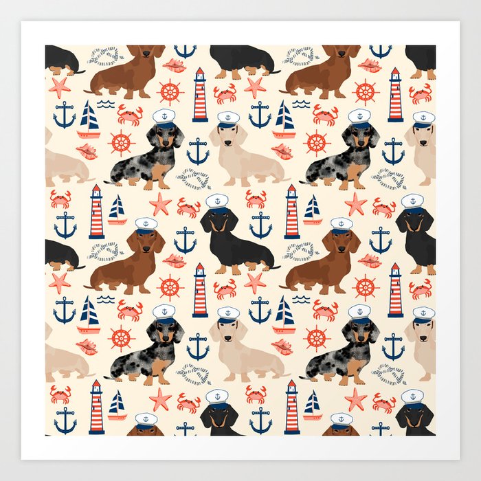 Dachshund nautical sailor dog pet portraits dog costumes dog breed pattern custom gifts Art Print