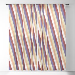 [ Thumbnail: Dark Slate Blue, Pale Goldenrod, Brown, White & Maroon Colored Stripes/Lines Pattern Sheer Curtain ]