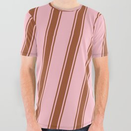 [ Thumbnail: Pink and Sienna Colored Pattern of Stripes All Over Graphic Tee ]
