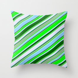 [ Thumbnail: Eye-catching Dark Sea Green, Lime, Lavender, Light Sky Blue, and Dark Green Colored Stripes Pattern Throw Pillow ]