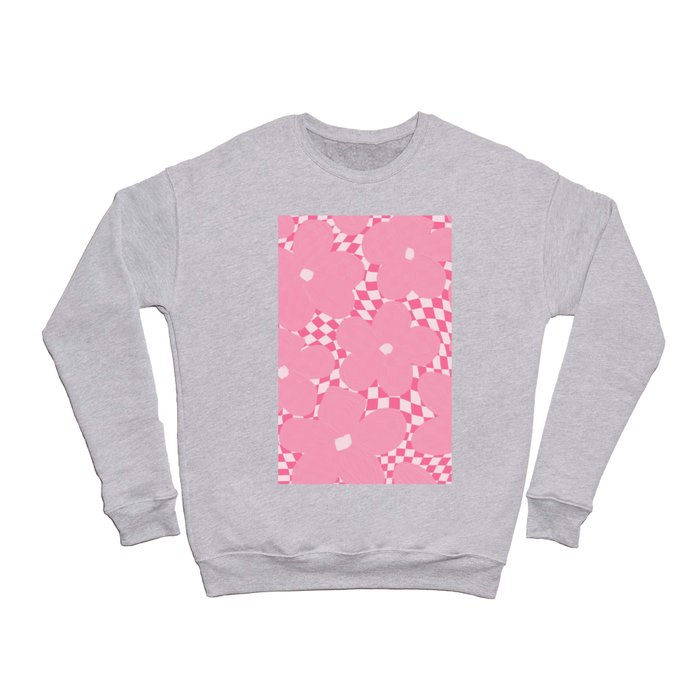 Pastel Pink Flowers on Swirled Gingham Checker  Crewneck Sweatshirt