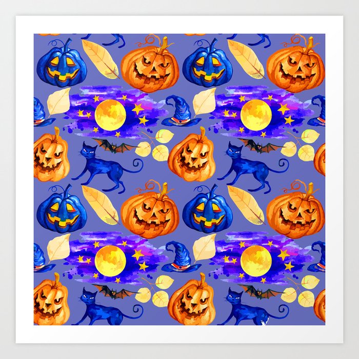 Halloween Jack-O-Lanterns and Cats Pattern Art Print