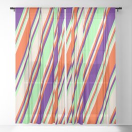[ Thumbnail: Green, Beige, Red & Indigo Colored Stripes Pattern Sheer Curtain ]