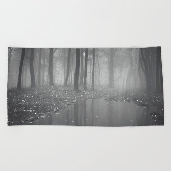 Foggy Dark & Eerie Forest (Black & White) Beach Towel