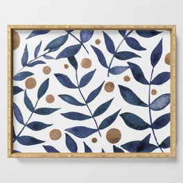 Watercolor berries and branches - indigo and beige Serving Tray