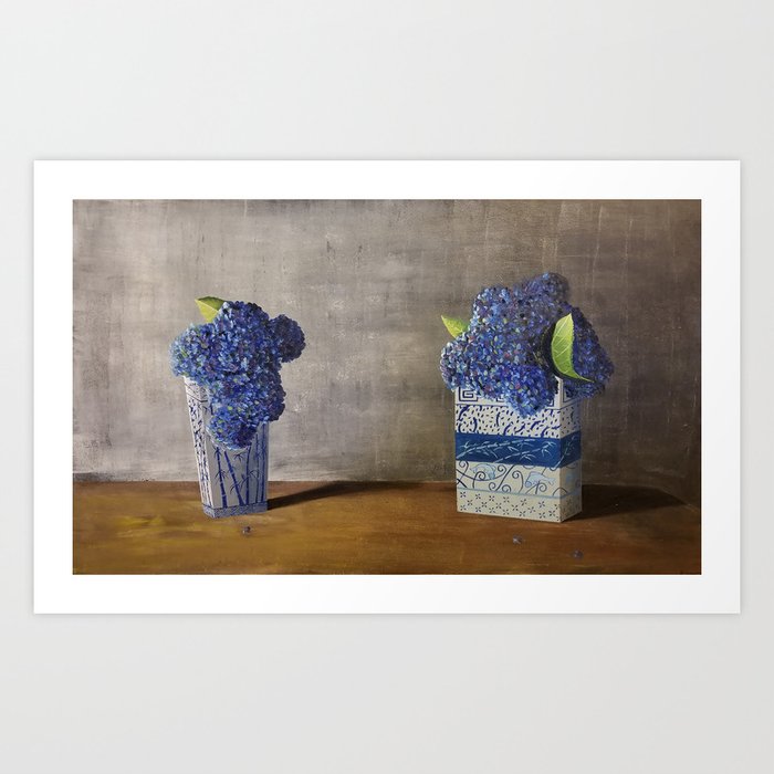 Blue Hydrangeas in Unique Chinese Vases Art Print