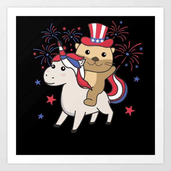 Otter With Unicorn For Fourth Of July Fireworks Art Print