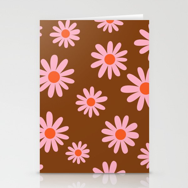 70s Hand Drawn Flower Power Daisies Florals in Brown, Pink & Orange Stationery Cards