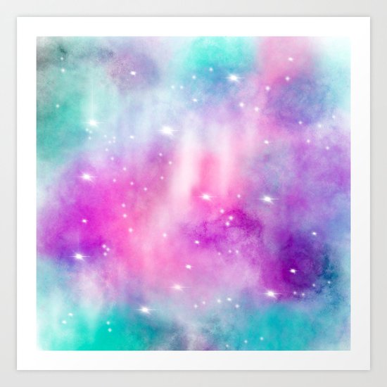 Trendy bright watercolor pastel nebula space hand painted Art Print
