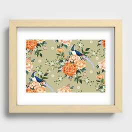 Beautiful seamless pattern with diamond pheasant sitting on peony branch with blooming sakura, plum and daisies, summer dress in Chinese style Recessed Framed Print