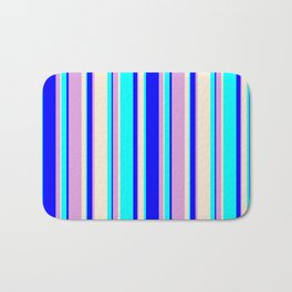 [ Thumbnail: Aqua, Beige, Plum & Blue Colored Lined Pattern Bath Mat ]