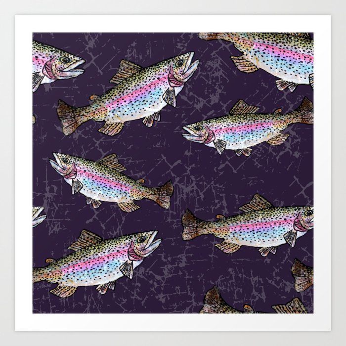 Rainbow Trout Pattern - Dark Purple Art Print