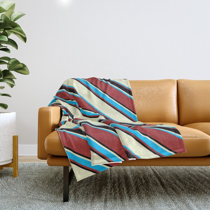 Light Yellow, Deep Sky Blue, Brown & Black Colored Lines/Stripes Pattern Throw Blanket