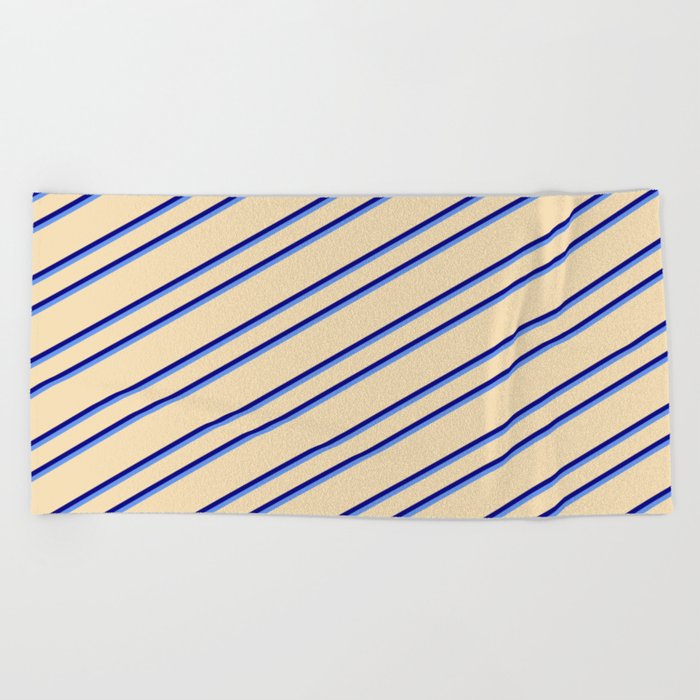 Tan, Blue, and Cornflower Blue Colored Lines Pattern Beach Towel