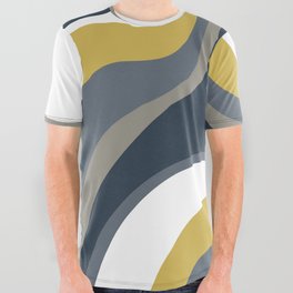 Retro Psychedelic Abstract Design in Navy Blue, Yellow, Grey and White All Over Graphic Tee