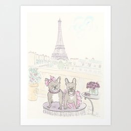French Bulldogs and Tea in Paris with Eiffel Tower View Art Print