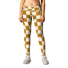 Warped Checkerboard - Gold Orange Leggings | Check, Chequer, Gold, Checkered, Wavy, Psychedelic, Chequered, Neutral, Pattern, Warped 
