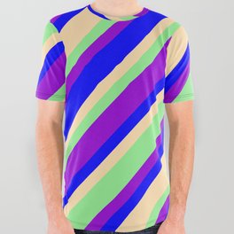 [ Thumbnail: Light Green, Dark Violet, Blue & Tan Colored Lines Pattern All Over Graphic Tee ]