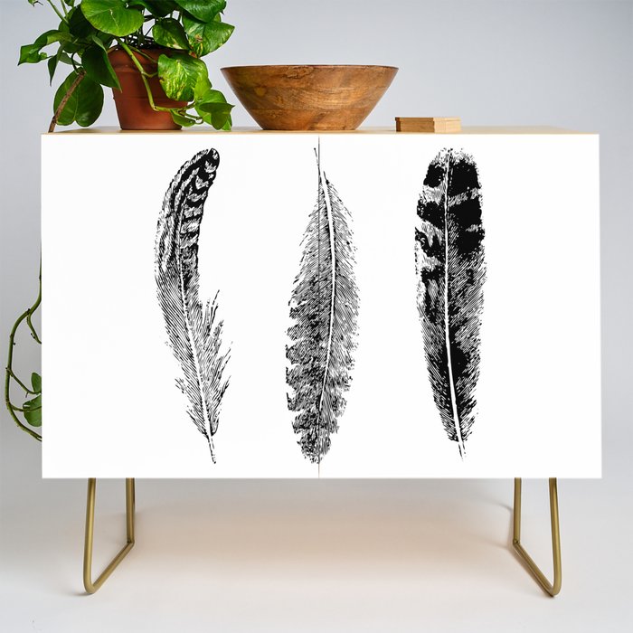 Feather Trio | Three Feathers | Bird Feathers | Black and White | Credenza