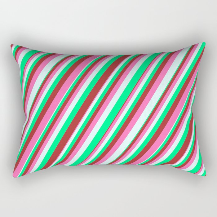 Green, Brown, Hot Pink & Light Cyan Colored Striped Pattern Rectangular Pillow