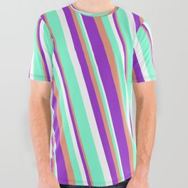 [ Thumbnail: Dark Salmon, Dark Orchid, White, and Aquamarine Colored Striped Pattern All Over Graphic Tee ]