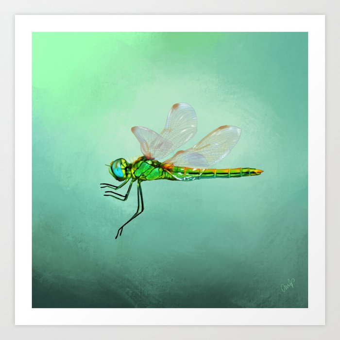 Flying green dragonfly painting. Colourful dragonfly art