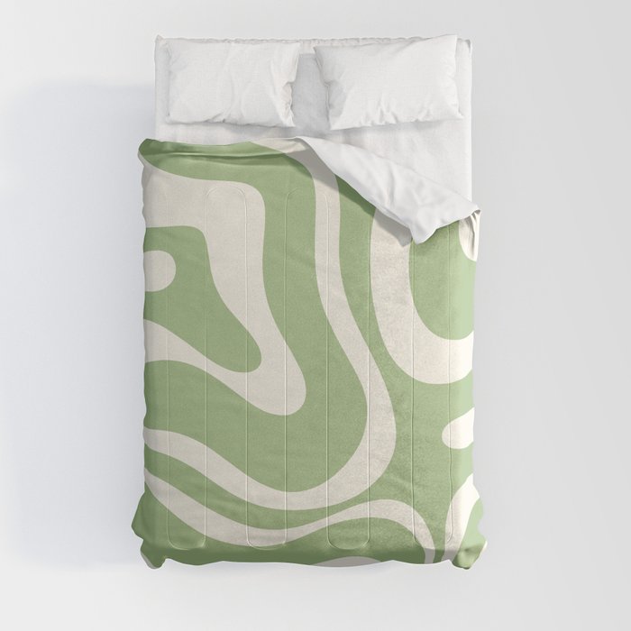 Modern Liquid Swirl Abstract Pattern in Light Sage Green and Cream Comforter