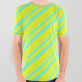 [ Thumbnail: Aquamarine and Yellow Colored Lined/Striped Pattern All Over Graphic Tee ]