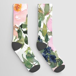 Festive, Floral Watercolor Rose Garden, Pink and White Socks