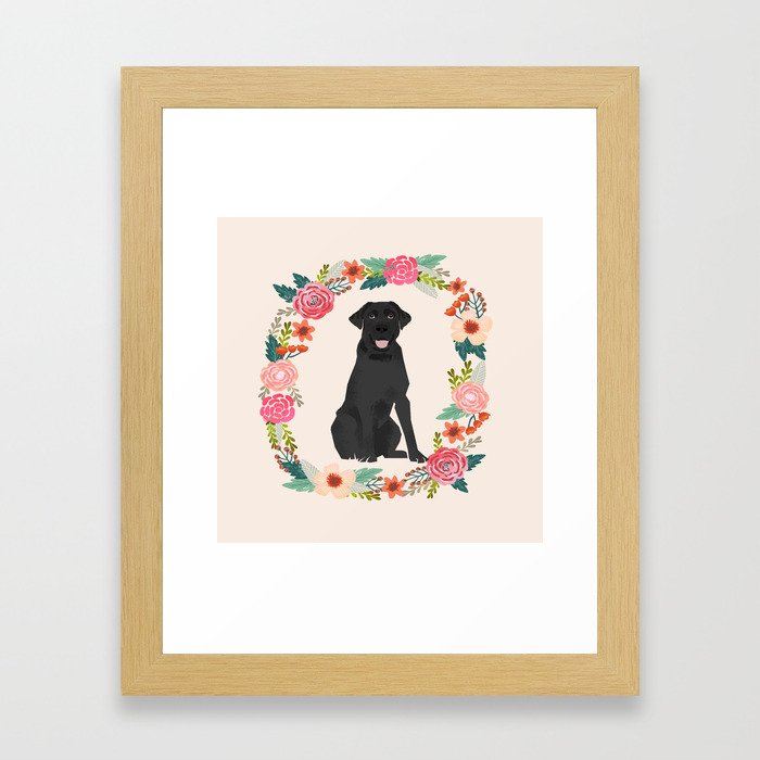black lab floral wreath flowers dog breed gifts labrador retriever Framed Art Print